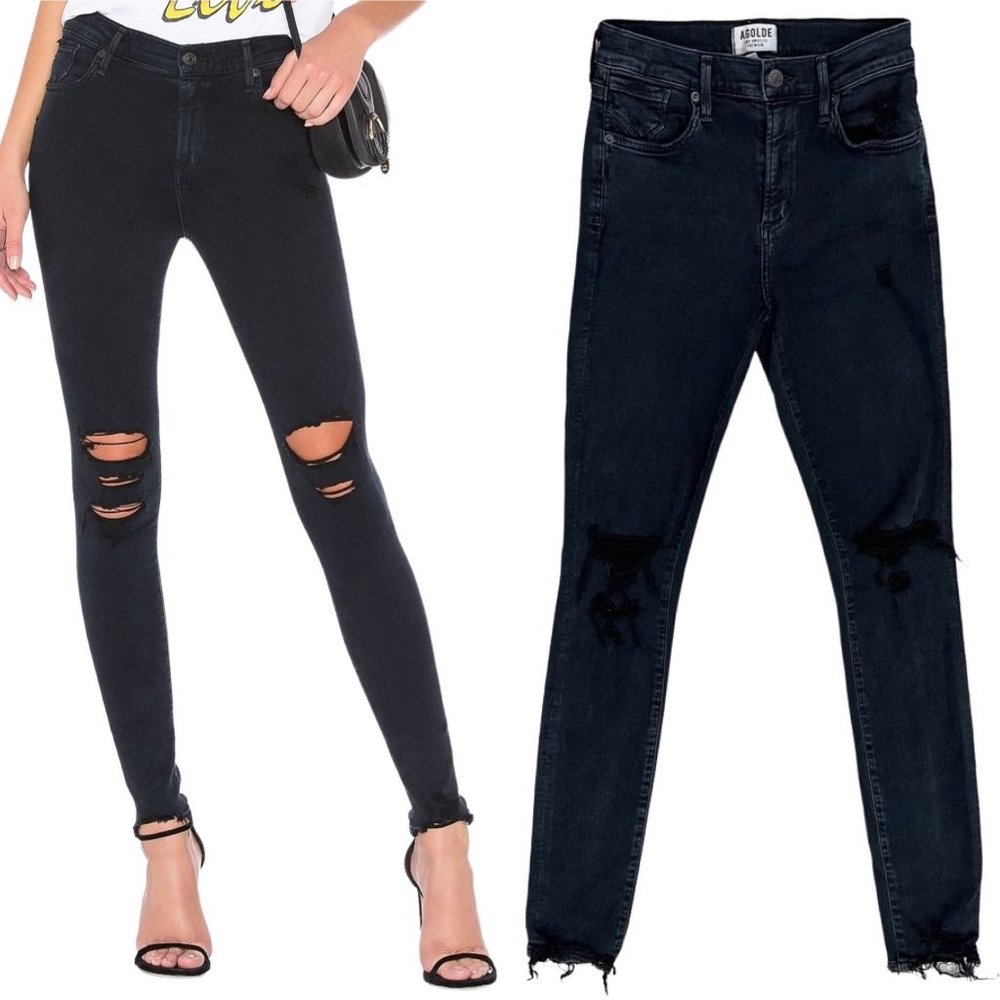 Agolde Sophie Hi Rise Skinny Jeans in Ruthless Dark Washed Black Blue Denim